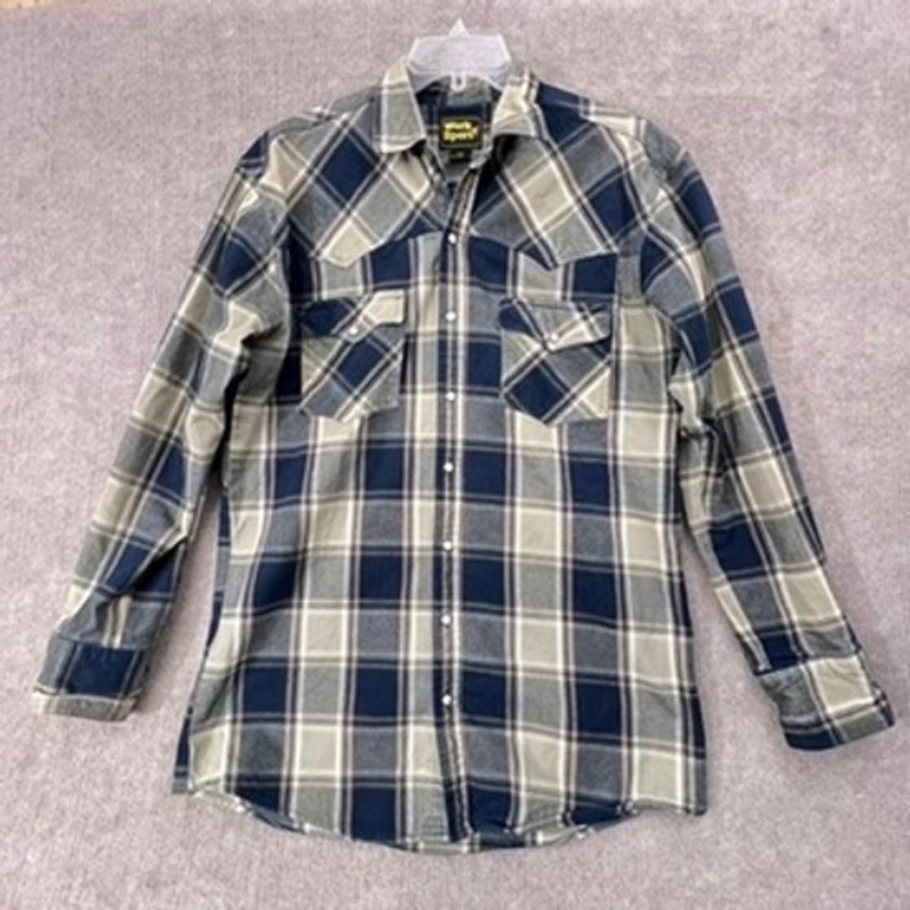 Work n Sport Plaid Flannel Shirt Mens LT‎ Long Sleeve Western Style Blue